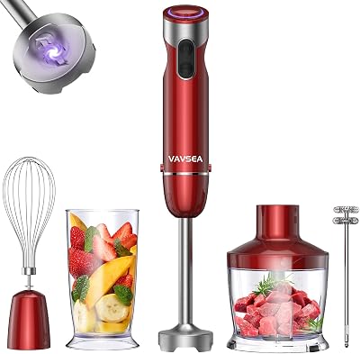 VAVSEA 1000W 5-in-1 Immersion hand Blender, 12 Speed Stick Blender with Mixing Beaker 22oz, Food Processor, 304 Stainless Steel With Egg Whisk, Milk Frother for Puree Infant Food, BPA Free, Red