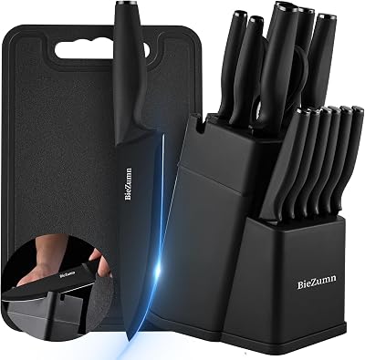 15PCS block-knife-sets, Kitchen Knife Block Set with Cutting Board,High Carbon German Stainless Steel, Dishwasher Safe Cutlery with Sharpener, Black.
