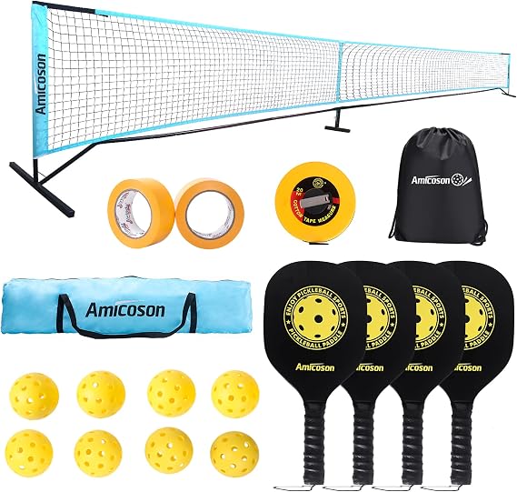 Amicoson Pickleball Set with Net, 22FT Net Sets Portable 4 Wooden Paddles, 8 Pickleballs, 1 Carrying Bag, Backpack, 2 Rolls of Court Marking Tape &1 Measuring Tape, Black Net01