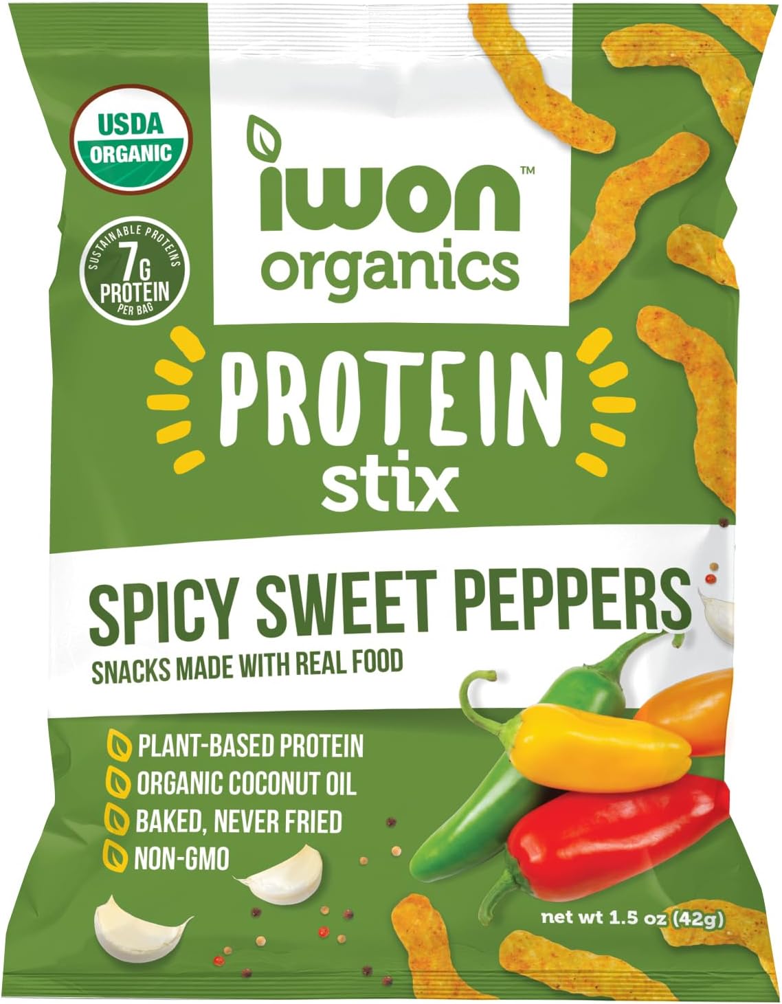 IWON Organics Spicy Sweet Pepper Flavor Snack Stix, High Protein and Organic Healthy Snacks, 8 Bags, 1.5 Ounce