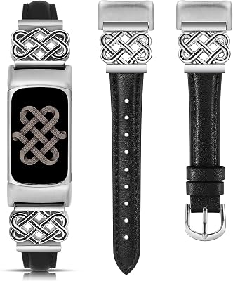 TOYOUTHS Celtic Knot Leather Band Compatible with Fitbit Charge 6Fitbit Charge 5 Band Women, Slim Dressy Thin Designer Premium Leather Strap with Interlock Buckle for Fitbit Charge 65 Smartwatch