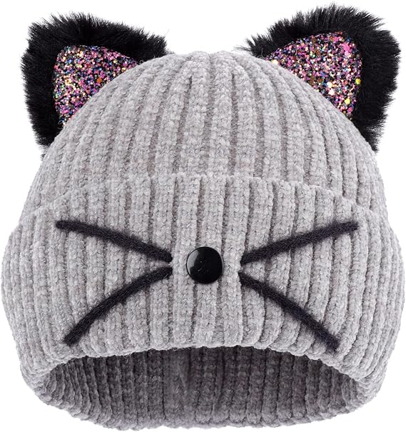 Kids Cat Ears Knitted Beanie Winter Hat Ski Cap for Girls 3-8 Years Old