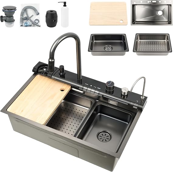 Smart Waterfall Kitchen Sink, Stainless Steel Sink with Temperature Display