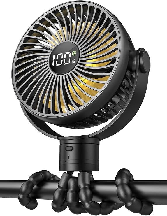 Coohea Portable Stroller Fan, 25H Long-lasting, 4 Speed, Night Light, Black | 4000mAh Rechargeable Battery Powered Fan, Head Detachable 360 Rotate Mini Fan, Easy to Wrap for Car Seat Crib Bike Treadmill