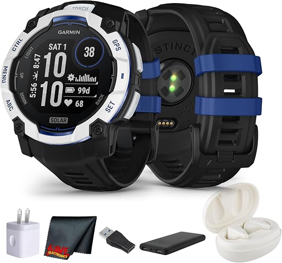 Garmin Instinct 3 Solar Rugged GPS Smartwatch, 50 mm Case, Unlimited Battery with Solar Charging, Multi-Band GPS, Built-in Flashlight, Whitestone with Black/Bolt Blue Band (Supernova Collection)