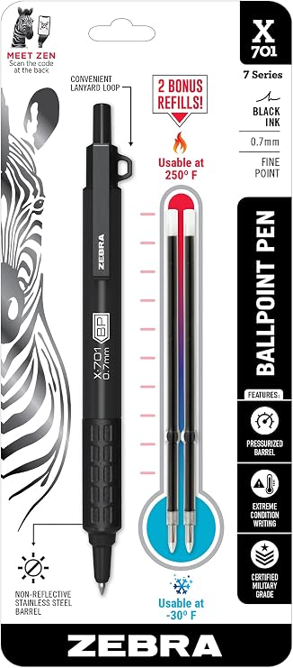 Zebra Pen STEEL X-701 Tactical Ballpoint Pen, Black Ink, 0.7mm, 1-Pack