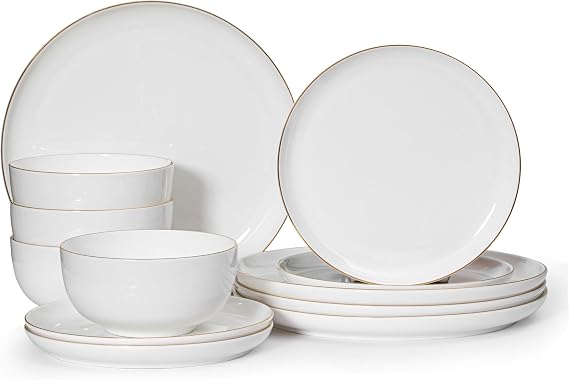 Perlaceo Luxurious Collection of White with Gold Rim Bone China Dinnerware Set-Lightweight and Durable-Service for 4 or 8, Including Dinner, Salad Plates, and Cereal or Soup Bowls, 12-Piece