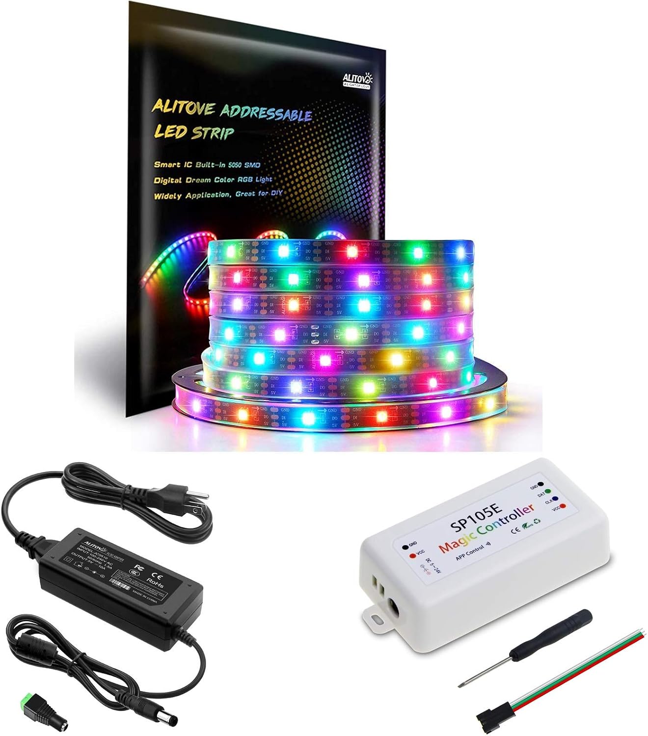 ALITOVE 16.4ft WS2812B Individually Addressable LED Strip Light 5050 RGB SMD 150 Pixels Dream Color Waterproof IP67 Black PCB 5V DC & SP105E Wireless Bluetooth LED Controller & 5V 10A Power Adapter