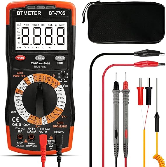BTMETER BT-770S Multimeter Manual Ranging Electric Meter, for AC DC Volt Amp Ohm Capacitance Frequency with Continuity Tester, Auto Backlit for Automotive Hobbyist Electrical Home