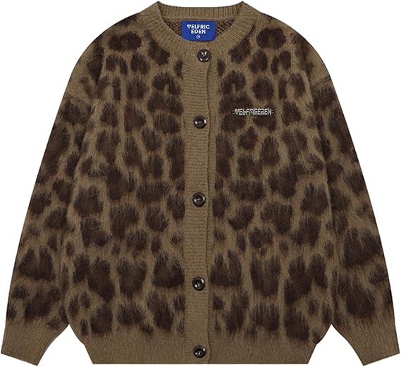 Aelfric Eden Leopard Print Cardigan Sweaters for Women Oversized Cheetah Y2k Crewneck Button Down Long Sleeve Cardigans