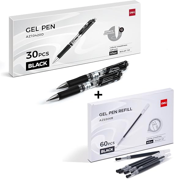 deli Gel Pens, 30 Pcs Retractable Pens Black Ink,60 Pcs Retractable Pen Refills 0.7mm