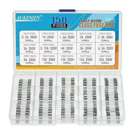 AUKENIEN 15 Value 150 Pcs 0.5A 1A 1.6A 2A 2.5A 3A 3.15A 4A 5A 6.3A 8A 10A 12A 15A 20A Amp 250V Fuses 5x20mm Fast Blow Glass Fuse Assortment Kit for Protecting Eectrical Euipment