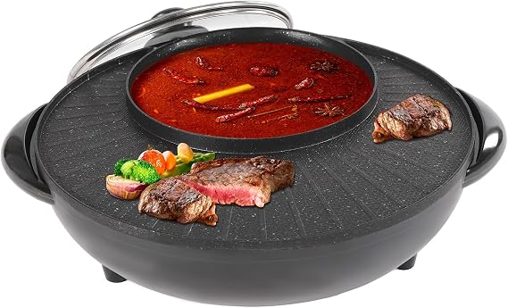 Smokeless 2 in 1 Electric Hotpot with Grill Combo, Indoor Korean BBQ Grill for 3-5 People, Separate Temperature Control, Shabu Pot with Divider