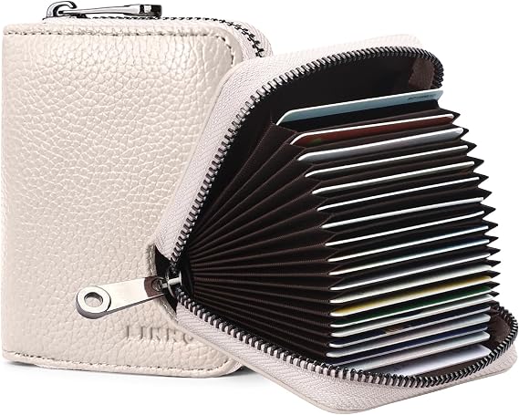 RFID 20 Card Slots Credit Card Holder Genuine Leather Accordion Card Case Small Wallet for Women or Men with Zipper (Beige)