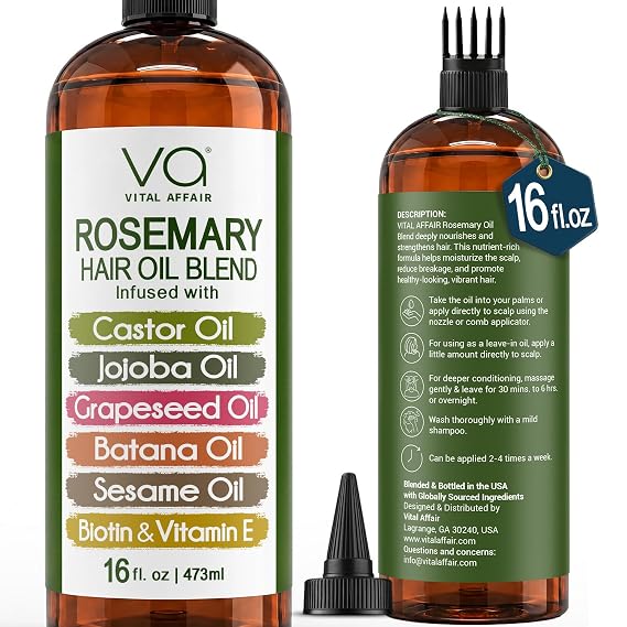 Blend Of Pure Rosemary Oil For Hair Growth 16 Fl Oz With Castor, Batana Oil | Infused with Biotin & Vitamin E Blend of Effective Hair Oils for Hair Growth Strengthening Treatment - VITAL AFFAIR