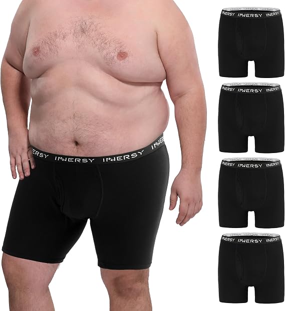 INNERSY Men's Boxer Shorts Large Sizes Underwear Men Cotton Pack of 4 Breathable underwear with fly XL-6XL moisture-wicking mesh crotch training/sports retro shorts long leg