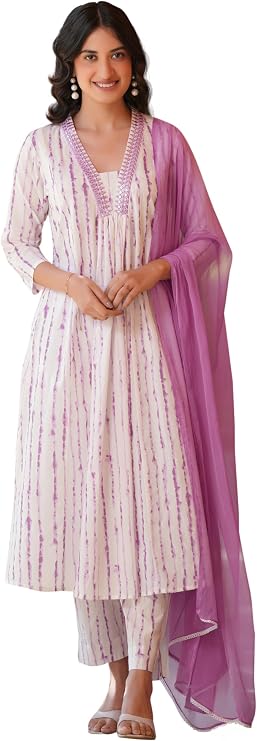 Janasya Indian Women's Cotton White Tie & dye Print Festive Wear Kurta Set for Women