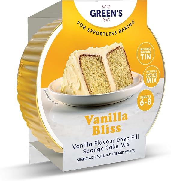 Green's Vanilla Bliss Baking Kit 410g, Vanilla Flavour Deep Fill Sponge Cake Mix with Frosting Mix, Includes Baking Tin, Simply Add Eggs Butter and Water, Serves 6 to 8