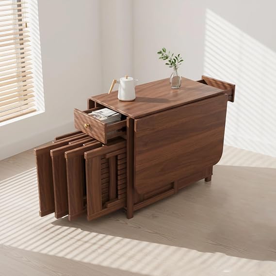 Extendable Drop Leaf Folding Dining Table with 2 Hidden Storage Drawers and 4 Wheels 130cm Space Saving Table for Small Spaces, Living Room &