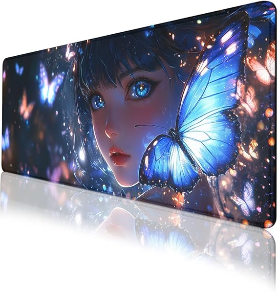 Anime Girl Mouse Pad Blue Purple Neon Butterfly Starry Night Extended Mousepad XXL Computer Laptop Keyboard Mouse Mat Big Aesthetic Desk Decor Pad 31.5x11.8 in