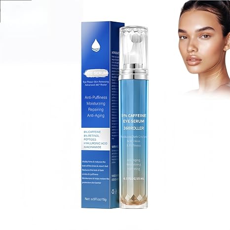 Eye Serum Against Dark Circles & Bags - With 5% Caffeine 8% Retinol Hyaluronic Acid & Niacinamide - Anti-Ageing Care with 360° Cooling Roller - For All Skin Types - 15 ml