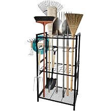 Garden Tool Storage Rack, 35 Slots Garden Tool Organizer with Hooks, Shed Storage Organiser for Long Handle Tools, Garage Rack with Adjustable Feet, Indoor Outdoor Shed Storage Solutions, Black