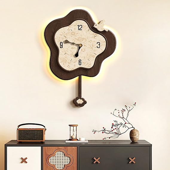 Decorative Metal Wall Clock, Large Modern Silent Non-Ticking Battery Operated Wall Clock, Wall Hanging Decorations with Pendulum for Living Room, Bedroom, Office(No Light,40x40cm)