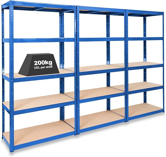 Storalex Pack of 3 Extra Deep Garage Racking Units - Blue 600mm Deep Garage Shelving 5 Tier Shelf Unit - Sturdy Metal & MDF Construction
