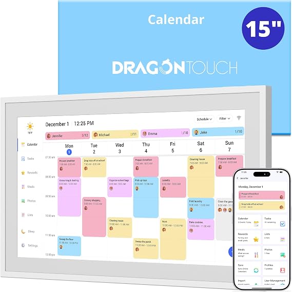Dragon Touch 15.6" digital calendar chore chart 1080P full HD interactive touchscreen, smart family planner, Hearth Display wall & desk mountable for seamless scheduling