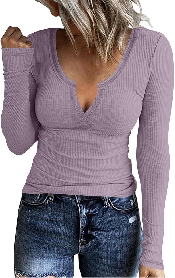 Knit Tops for Women Slim Fit Deep V Neck T Shirts Sexy Ribbed Knit Long Sleeve Shirt Tops Casual Tunic Tops Soft Fall T Shirts 2026 Stretchy Y2K Tops Casual Going Out Tops Plain Blouse Pullover