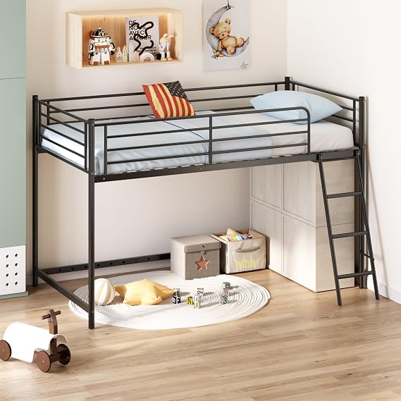 JOYMOR Low Loft Bed with Inclined Ladder, Metal Twin Size Bed Frame with 15 High Guardrail for Boys Girls, Junior, Space Saving, Mattress Not Included (Black)