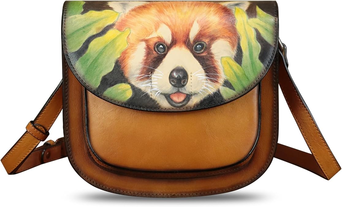 Genuine Leather Crossbody Bag for Women Hand Painted Pattern Handmade Crossbody Satchel Handbag Hand Drawn Purse
