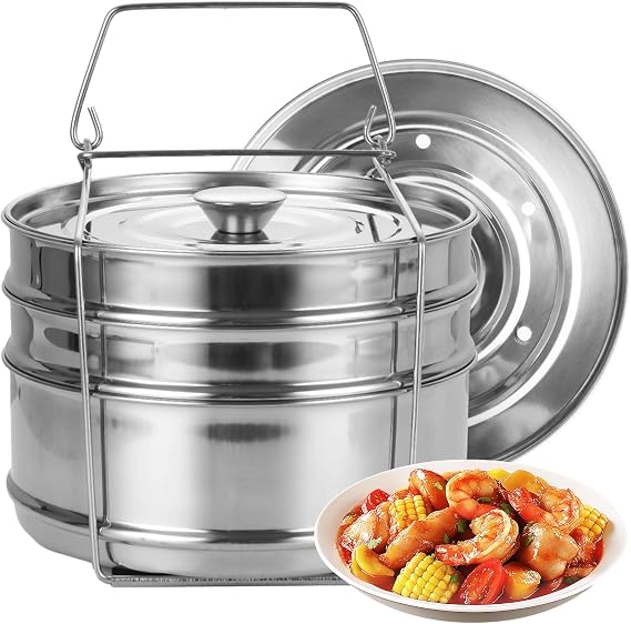 STARVAST Stainless Steel 3 Tier Stackable Insert Pans, Compatible with 6 Qt Instant Pot, Pot-in-Pot Baking Pans for Flan, Layer Cake, Includes Handle and Cooking Plates