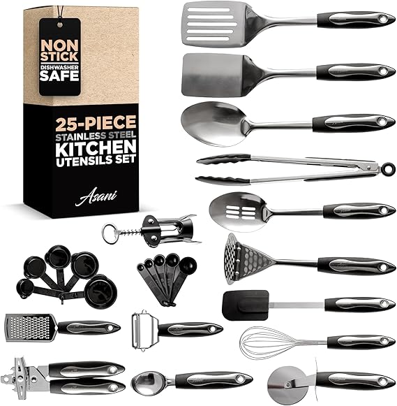 Asani 25-Piece Stainless Steel Kitchen Utensil Set | Non-Stick Cooking Gadgets and Tools Kit | Durable Dishwasher-Safe Cookware Set | Kitchenware Gift Idea, Best New Apartment Essentials