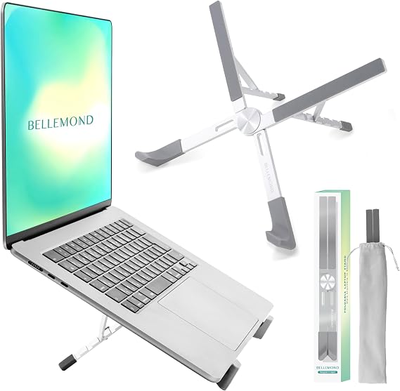 BELLEMOND Adjustable Laptop Stand | Foldable Aluminum Riser | X-Frame Ergonomic Japanese Design | Fits MacBook Pro/Air, Dell, Lenovo & 1017.3 Laptops | Portable & Lightweight | Space Silver