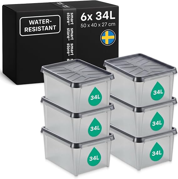 SmartStore 34 L Waterproof Plastic Storage Boxes with Lids-Set of 6-Frosted-Stackable and Nestable--Food Safe and BPA Free-IP44 rating-L50 x W40 x H27 cm, Anthracite