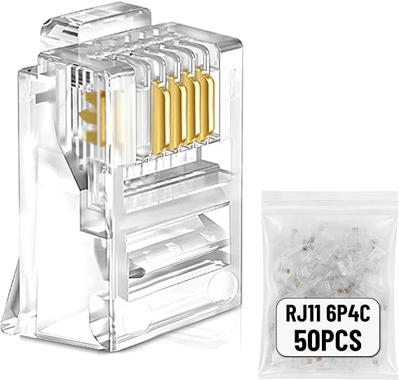 Uvital RJ11 6P4C Telephone Plugs 50 Pack, Replacement Modular Connectors, Clear Crystal Head, Crimp End for Landline Phone Cord Repair, Flat Cable Compatible