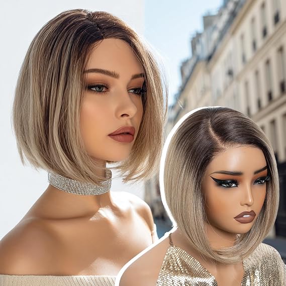 NOBLE Ash Blonde Highlight Synthetic Lace Front Wig Pre-Plucked Short Straight Glueless Bob Wig for White Women Daily Use