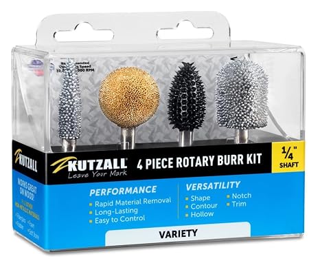 Kutzall 4-Piece Rotary Burr Kit - 14" Shaft, Variety Grit - Wood Carving Bits for Bosch, DeWalt, Milwaukee Tools - Structured Tungsten Carbide Wood Carving Bits