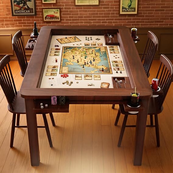 63"x40" Solid Wood Board Game Table with Removable Table Top, Game&Dining Table for 4 to 6 Players with Play Area, Includes Detachable Cup Holders, Play Mat and Dice Trays (1, Rectangular)