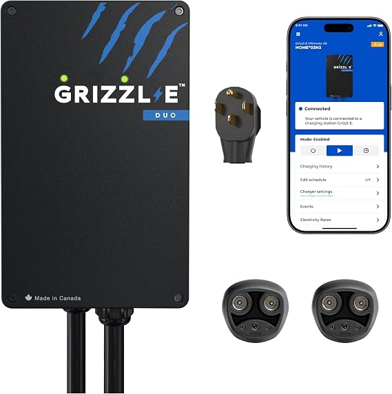 Grizzl-E Duo Connect 40A / 9.6 kW Level 2 EV Charger, UL Tested and Certified, Metal Case Indoor/Outdoor Electric Car Smart Wall Charging Station, NEMA 14-50, NACS-NACS, Black