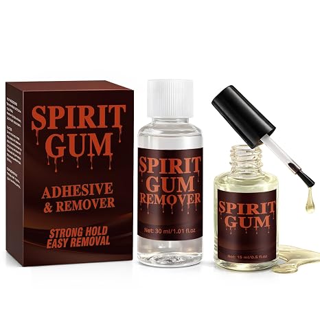 Spirit Gum Adhesive and Remover Kit, Wig Glue, Professional Cosmetic Glue for Face, Skin and Body, Strong Hold for Prosthetics, Bald Cap, Fake Beard, Cosplay, Halloween and Stage Performance