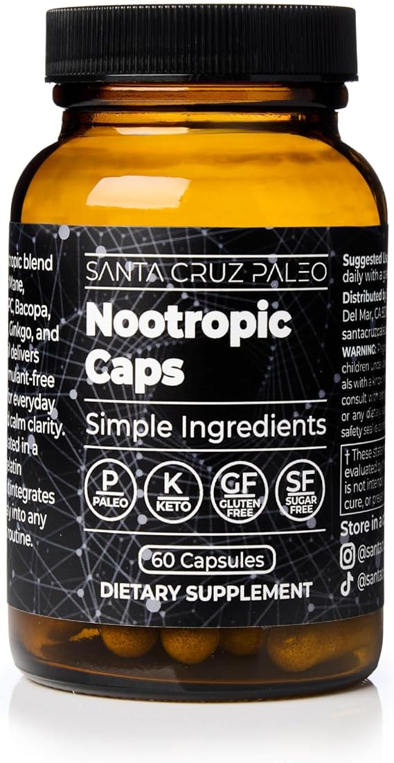 Santa Cruz Paleo Nootropic Capsules Lions Mane, Alpha GPC, Panax Ginseng & Ginkgo Biloba for Focus, Memory, Mental Clarity & Energy Keto, Paleo, Gluten Free Brain Supplement, 60 Caps