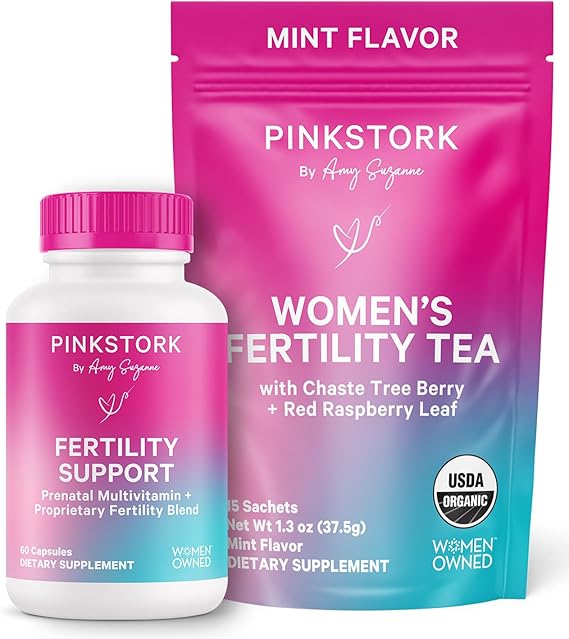 Pink Stork Fertility Bundle for Women, Conception Tea + Prenatal Vitamins | Inositol, Vitex, Folate & Ashwagandha | Supports Hormone Balance + Cycle Regularity | 60 Capsules, 15 Tea Sachets