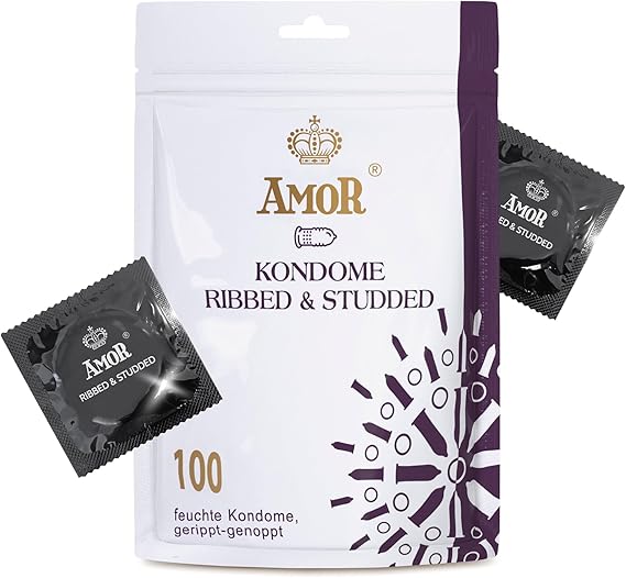AMOR Premium Condoms Ribbed-Dotted, Ø 54 mm, Transparent, Pack of 100