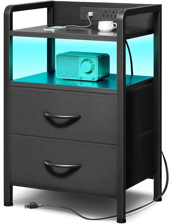 Lazzanto Nightstand with Rear Charging Station, LED Light, 2 Drawers, Black
