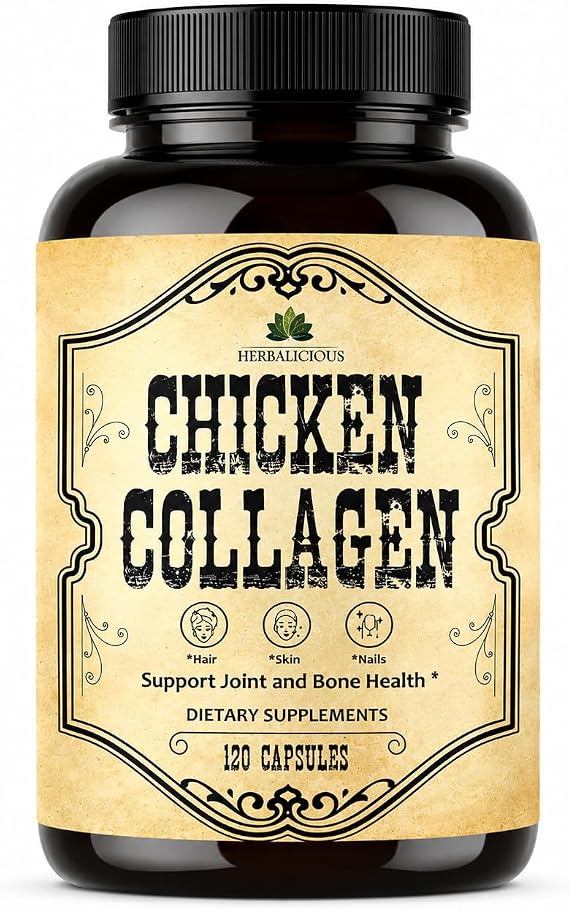 HERBALICIOUS Chicken Collagen Capsules Collagen Supplement for Joint, Skin & Bone Support Hydrolyzed Collagen Peptides from Chicken Bone Broth Non-GMO, Anti-Aging 120 Capsules
