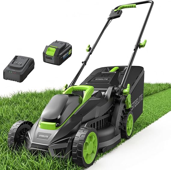 STEELITE Cordless Lawn Mower, 20V Battery Powered Lawn Mower 13 Inch, Brushless Electric Lawn Mower with 4.0Ah Battery and Charger, Walk Behind Mower for Small Yards