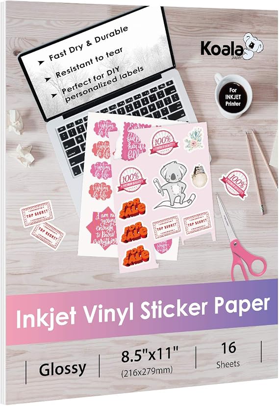 Koala Printable Vinyl Sticker Paper for Inkjet Printer - 16 Sheets White Glossy Sticker Paper, Waterproof Sticker Printer Paper 8.5x11 Inch, Tear-Resistant, Removable