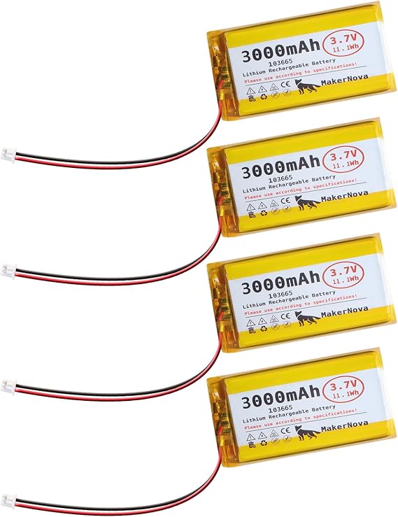 4 Pack 3.7V 103665 3000mAh LiPo Battery, 1S 3C Rechargeable, Micro JST 1.25 Connector, Dual Protection Board,